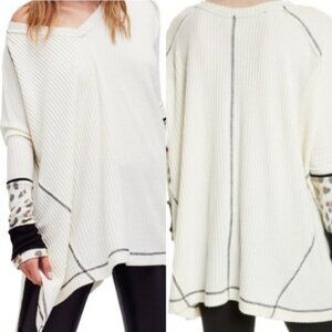 We The Free Cream Off-the-Shoulder Waffle Knit Sweater with Leopard Cuffs